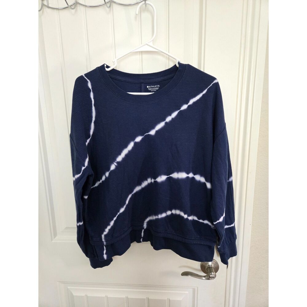 Athleta Sundown Sweatshirt 2.0 Women’s Size M Navy Blue White Tie Dye Pullover